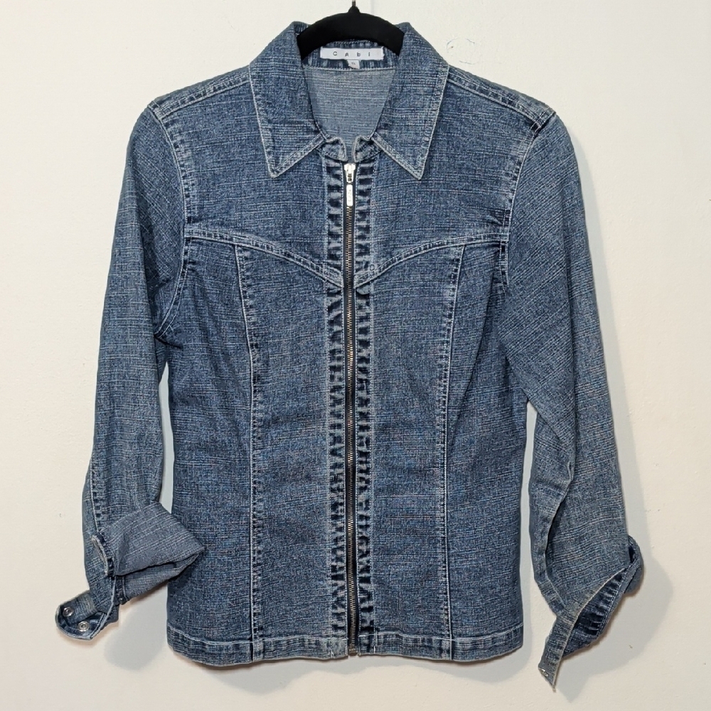 Cabi Vintage Zipper Blue Jean Jacket Denim Stretch Linen Blend Women's Size S